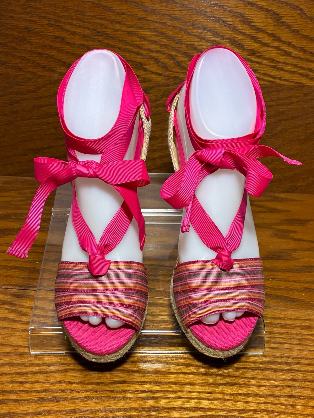 Talbots Pink Ribbon Ankle Wrap Espadrille Wedge Sandals Size 7